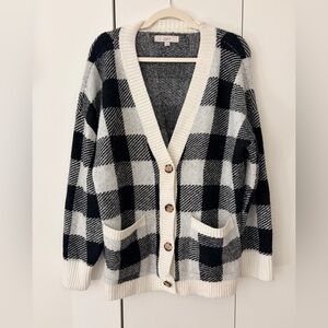 LOFT Black & White Buffalo Check Button Cardigan